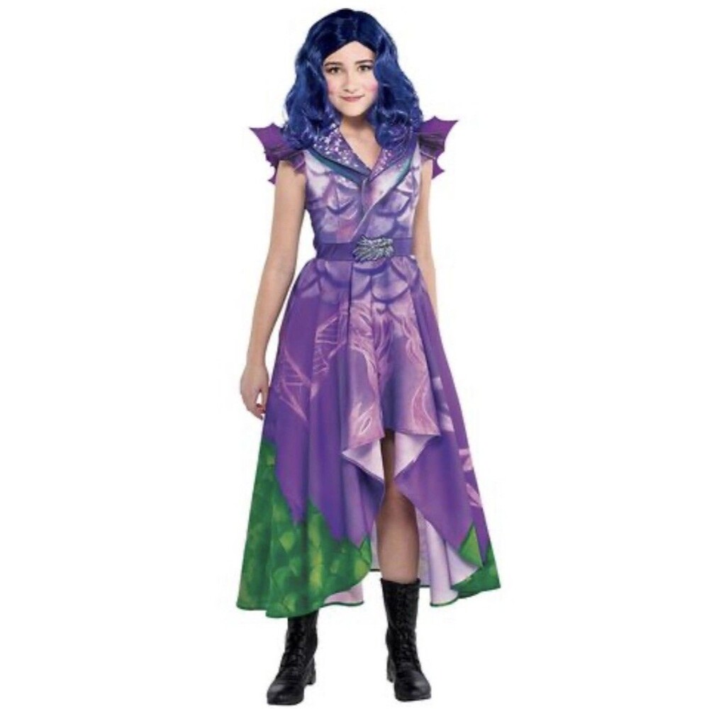 Disney Descendants 3 Mal Girls Purple Green Dragon Dress Costume + Wings Size M